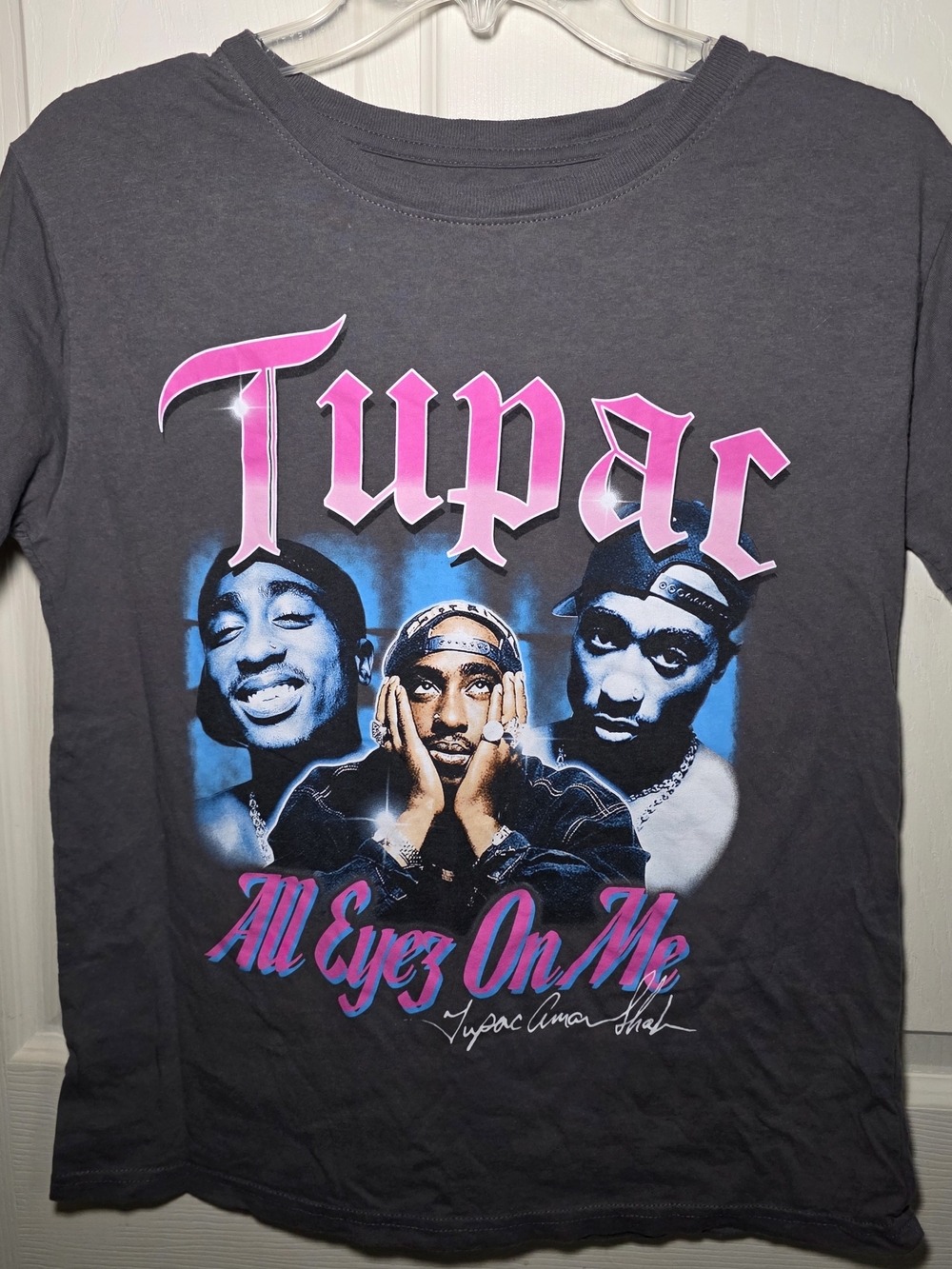 Tupac 'All Eyez On Me' Graphic Tee - Charcoal with Pink & Blue Print